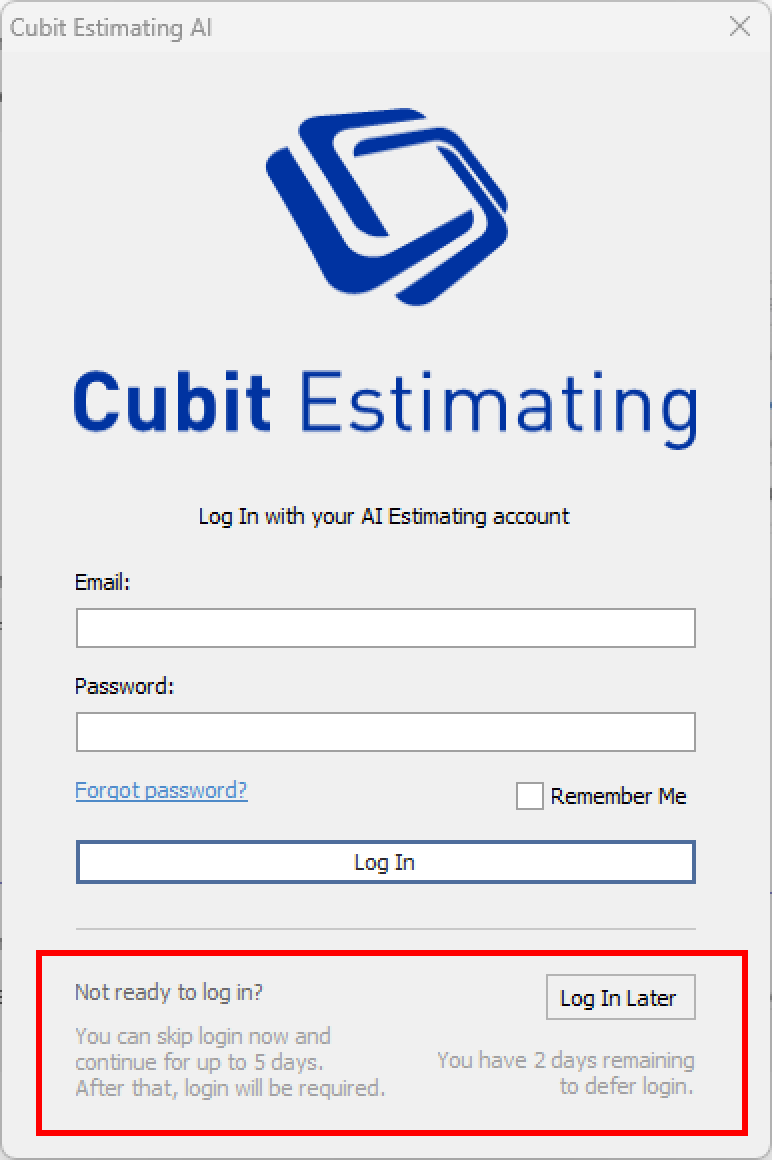 Cubit Estimating AI Login Window showing Log In Later option